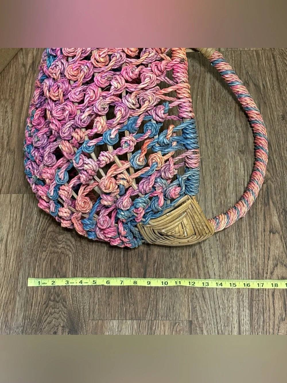 Large Colorful Woven Boho Boat Basket Pink Purple Teal and Tan  22” x 18” x 14”